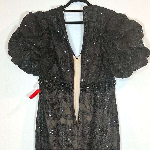 $598 Mac Duggal 12440 Size 10 Black Floral Lace Puff Sleeve V-Neck Midi Dress - Picture 11 of 11